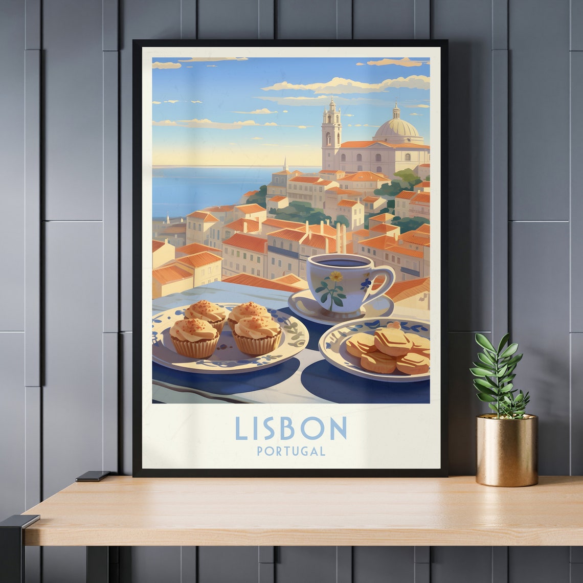 Lisbon Terrace Coffee and Pastries Overlooking Old Town Travel Poster - Image 3