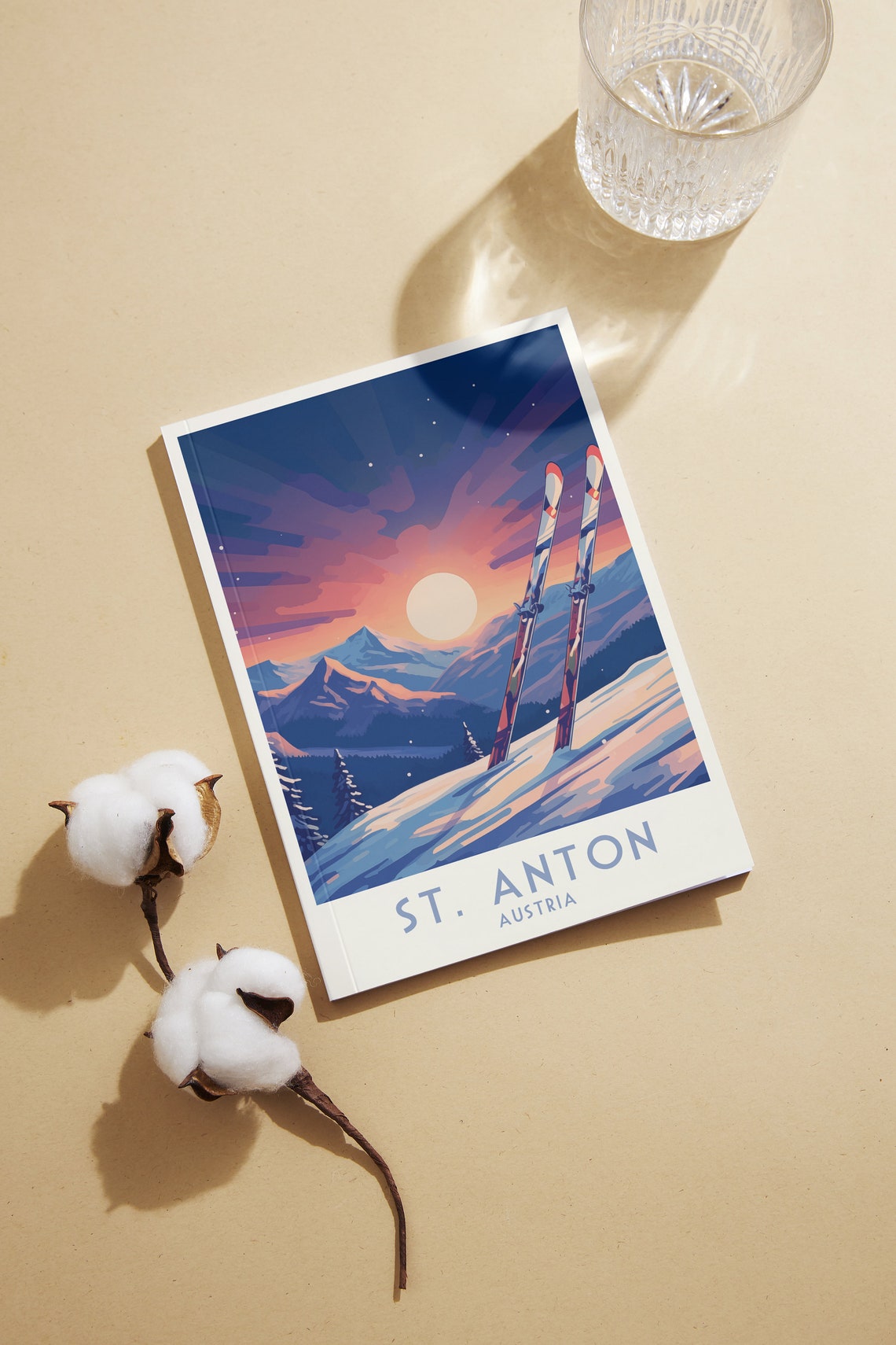 St Anton Austria Skis Stuck in Snow Sunset Mountain View Poster - Image 2