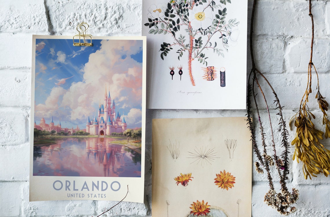 Orlando Fairytale Castle Sunset Reflection Vintage Travel Poster - Image 4