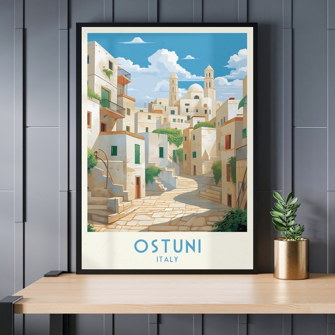 Ostuni White City Puglia Cathedral Street Vintage Italy Travel Poster - Image 3
