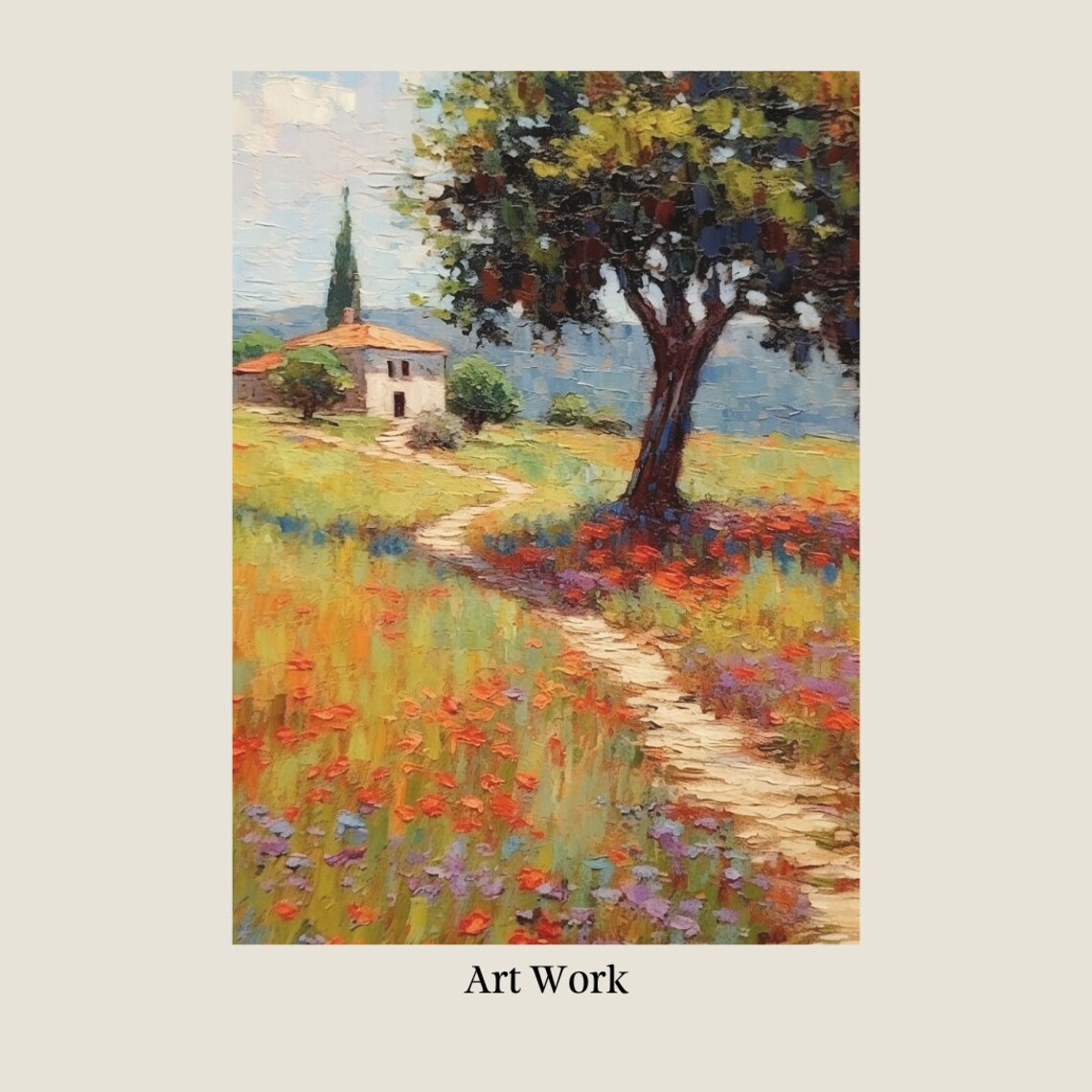 Farmhouse Wildflower Path Big Tree Vintage Country Landscape Poster - Image 2
