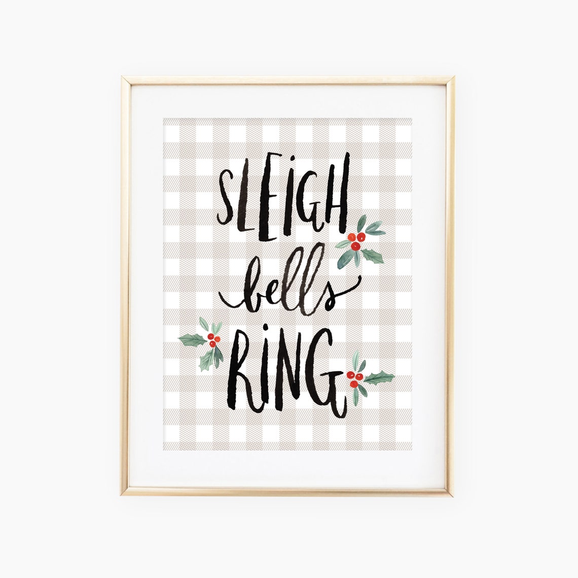 Sleigh Bells Ring Hand Lettered Buffalo Check Christmas Poster