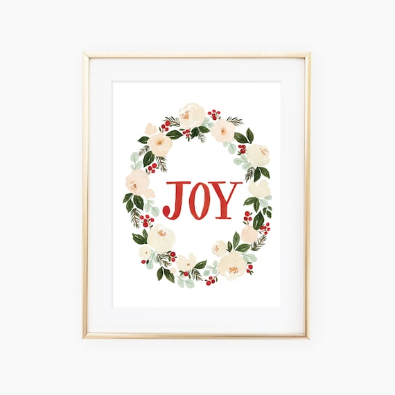 JOY Christmas Floral Wreath Watercolor Festive Holiday Wall Poster