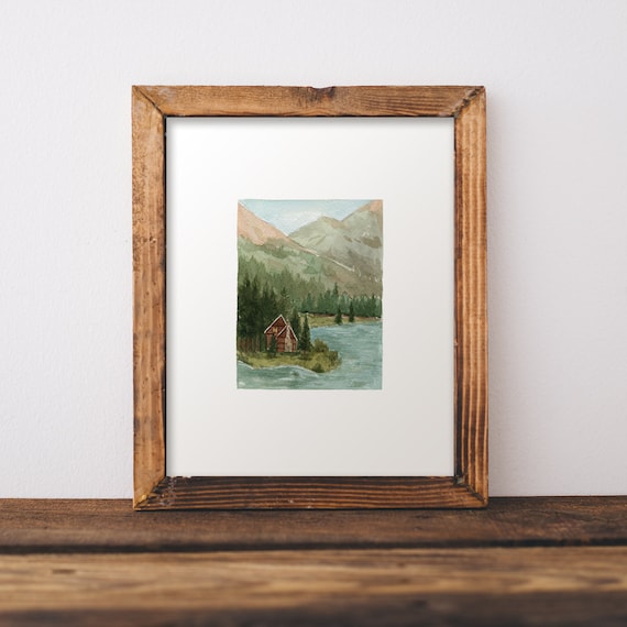 Watercolor Mountain Cabin Landscape Art Print
