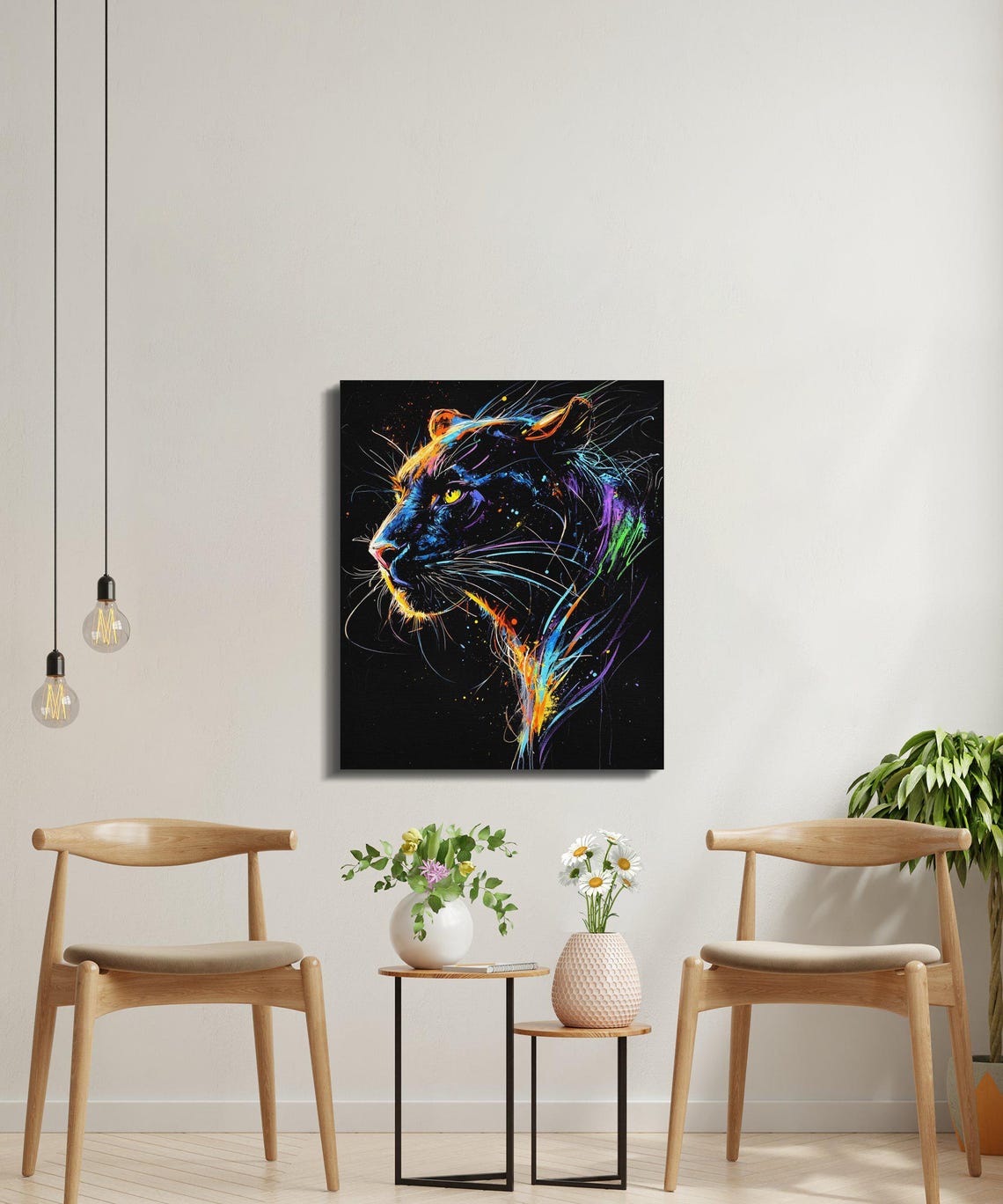 Black Panther Neon Splash Portrait Black Canvas Wildlife Poster - Image 4