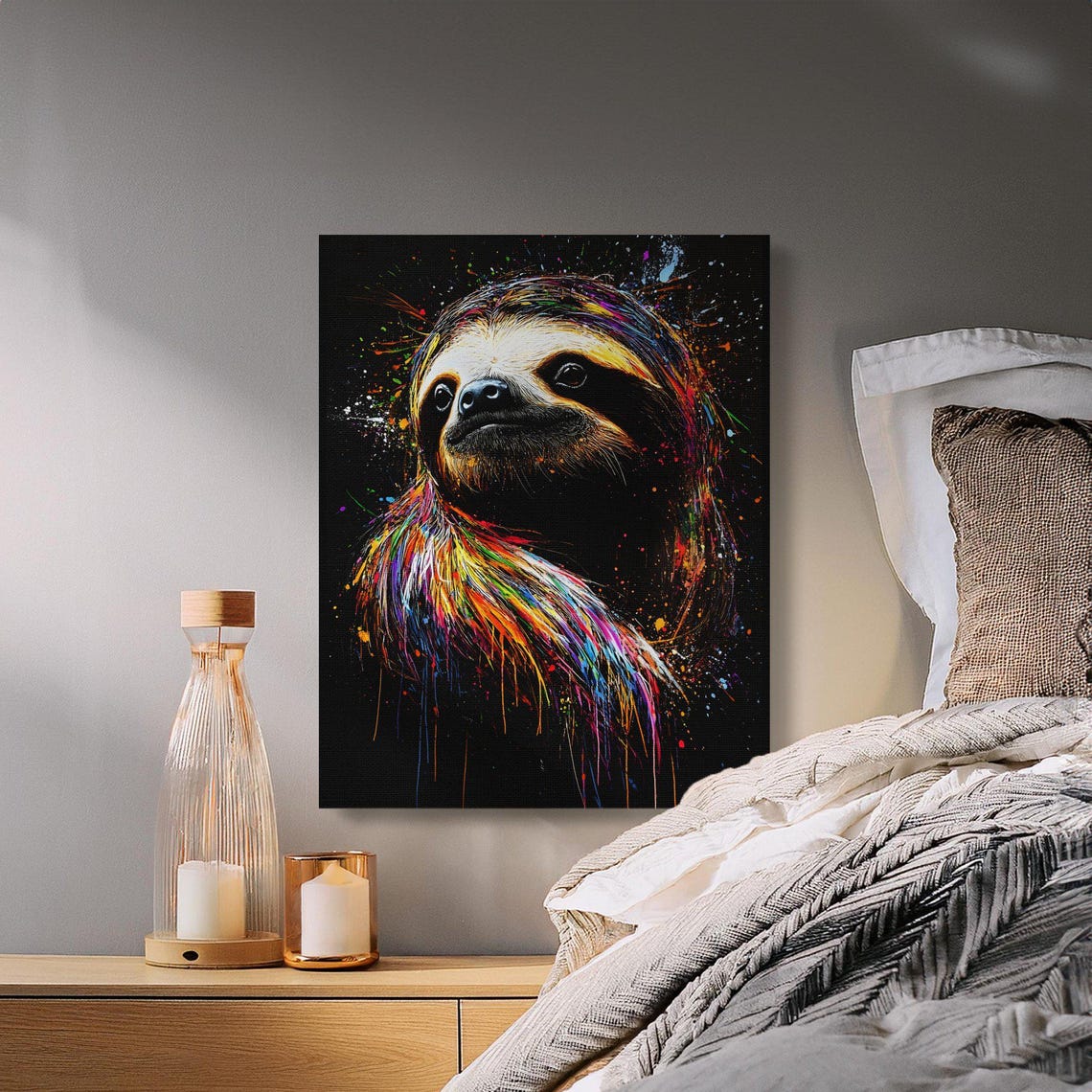 Smiling Sloth Portrait Paint Splash Black Canvas Wildlife Poster - Image 2
