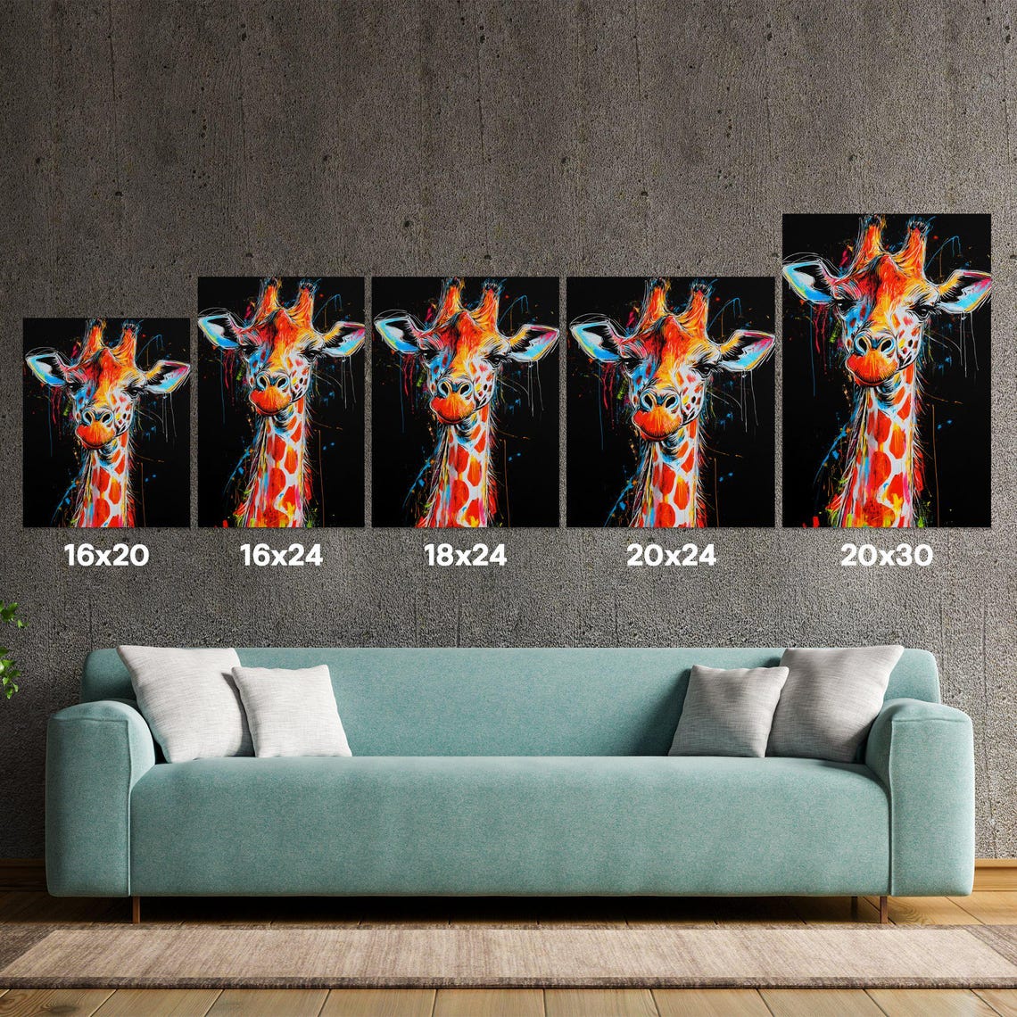 Cheerful Giraffe Front View Rainbow Splash Black Canvas Poster - Image 5