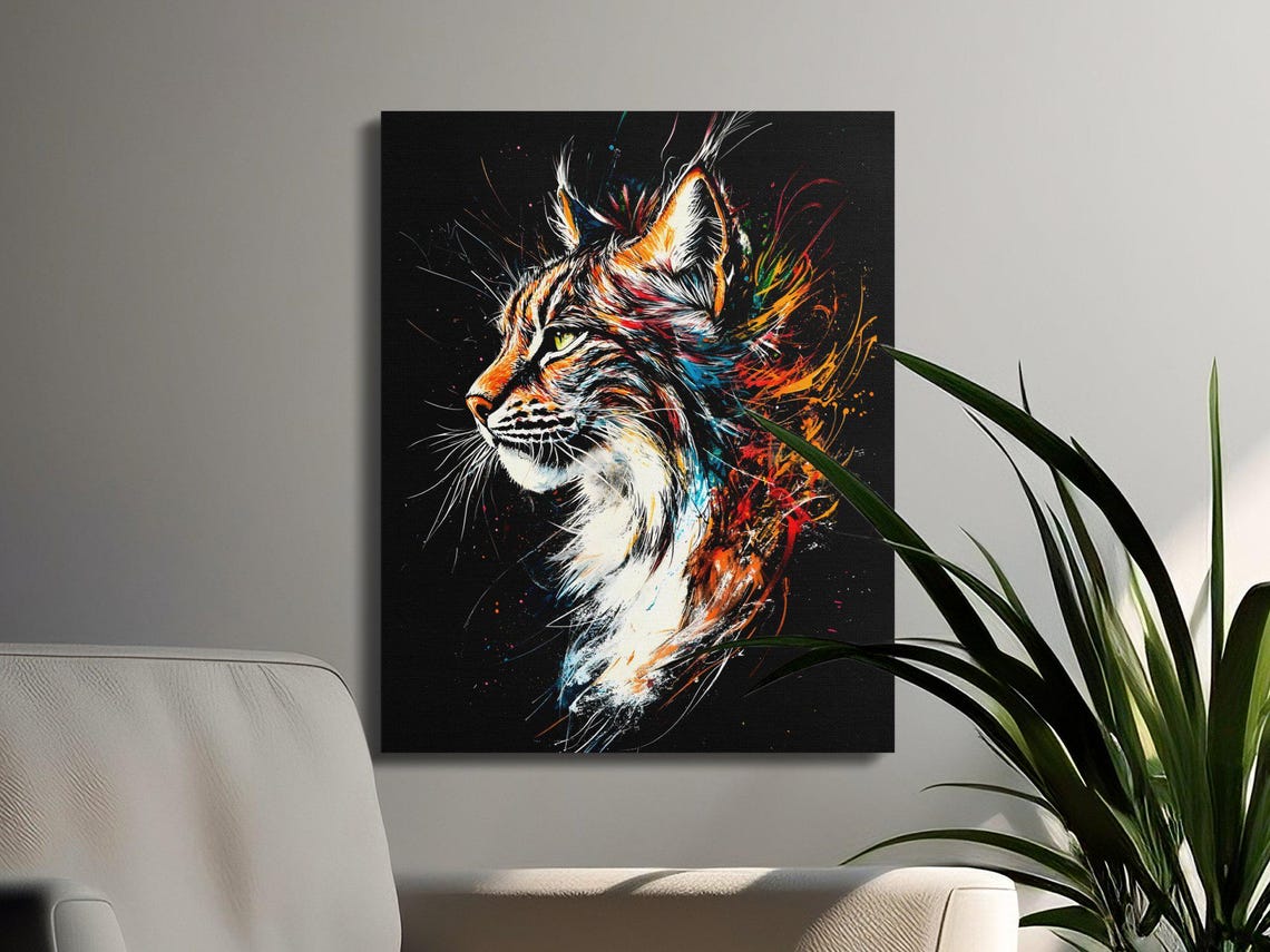 Wild Lynx Head Side View Teal Splash Black Canvas Wild Cat Wall Art - Image 3