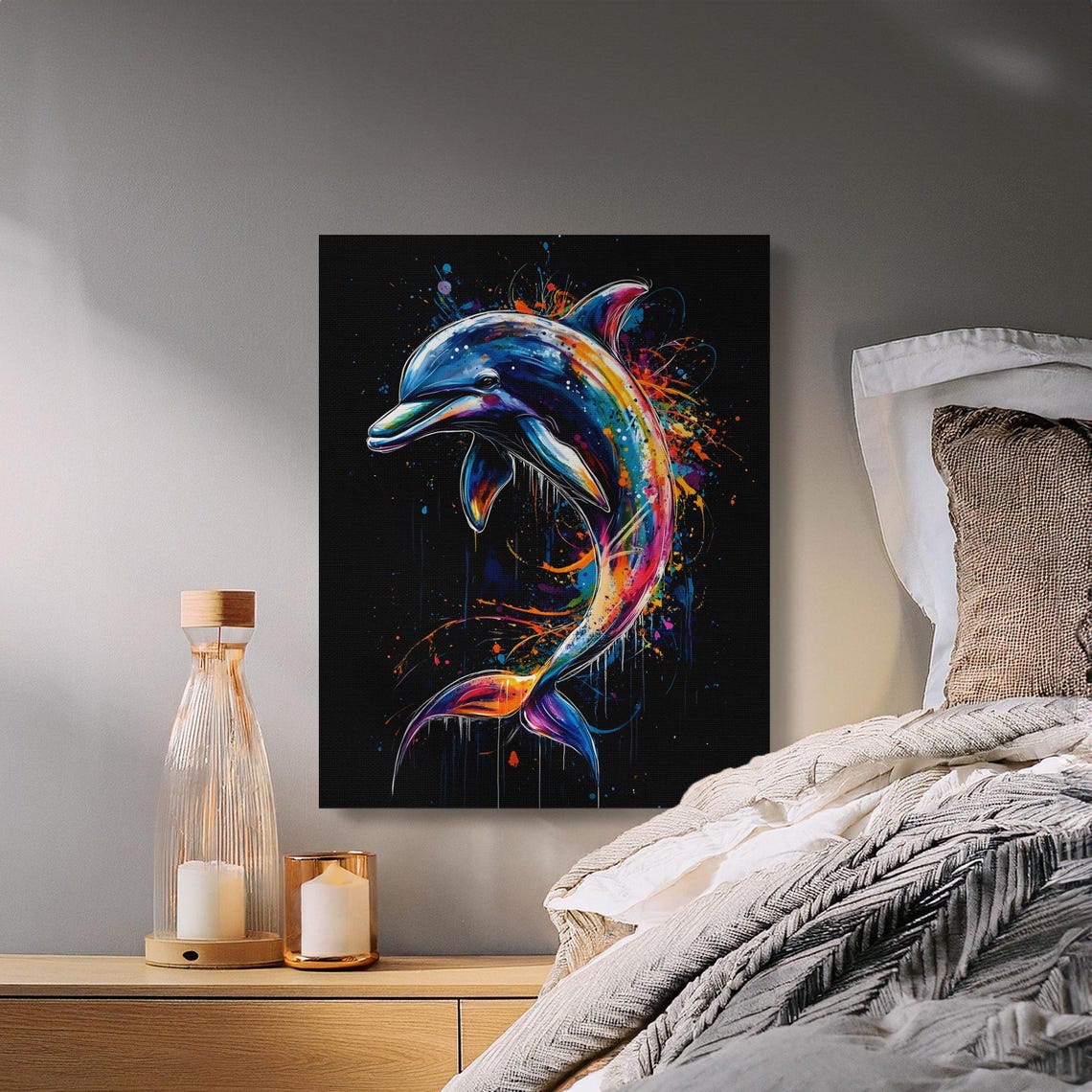 Leaping Dolphin Rainbow Splash Art Black Canvas Ocean Poster - Image 2