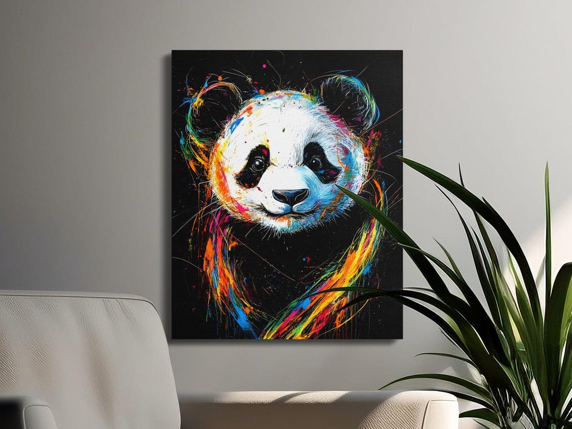 Cute Panda Front Face Paint Splash Black Canvas Wildlife Poster - Image 3