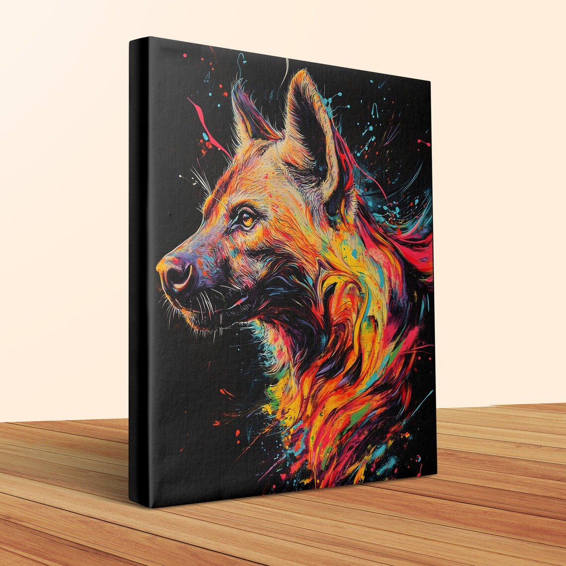 Vibrant Splash Hyena Portrait on Black Canvas Wildlife Poster