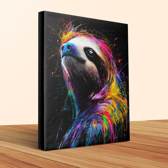 Dreamy Sloth Looking Up Rainbow Paint Splash Black Canvas Poster