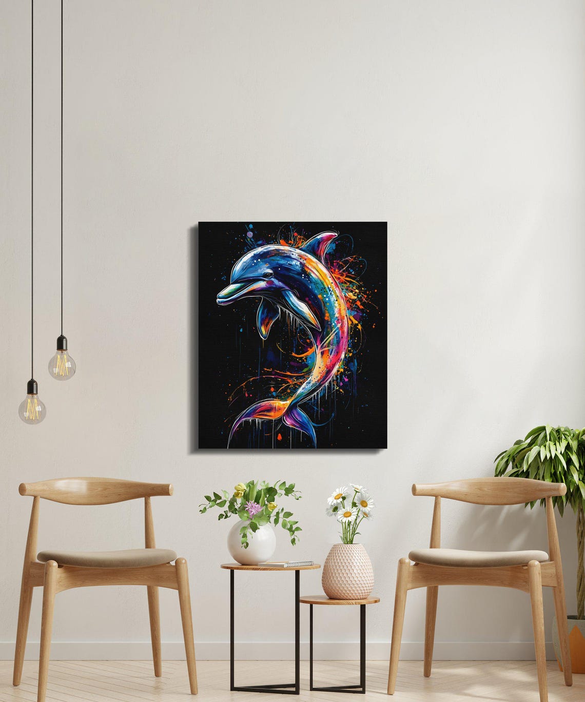 Leaping Dolphin Rainbow Splash Art Black Canvas Ocean Poster - Image 4