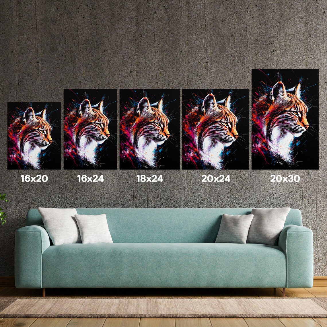 Wild Lynx Profile Magenta Splash Art Black Canvas Big Cat Wall Art - Image 5