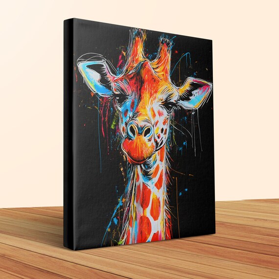 Cheerful Giraffe Front View Rainbow Splash Black Canvas Poster