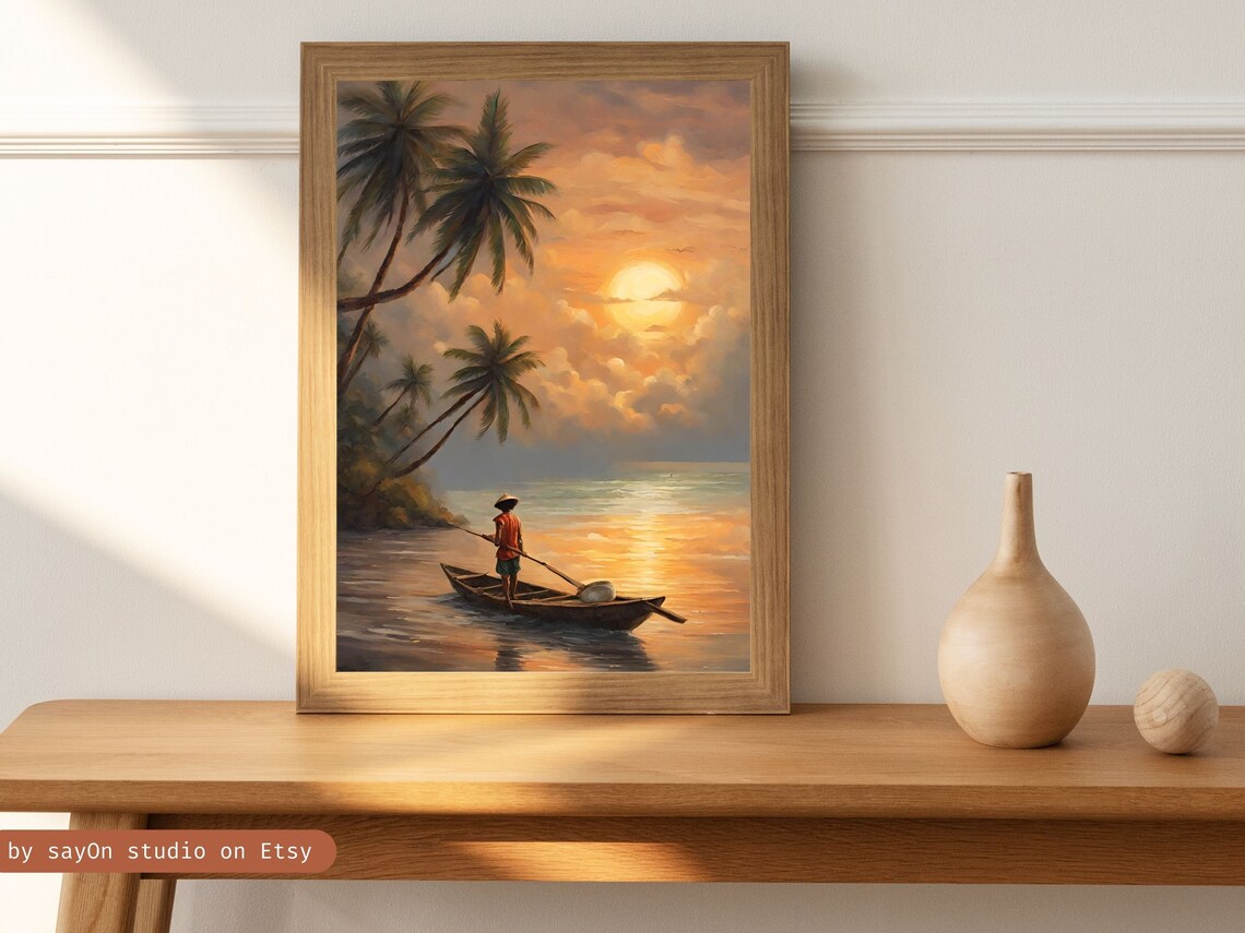 Tropical Fisherman Sunset Palm Beach Ocean Painting Coastal Art Poster - Image 3