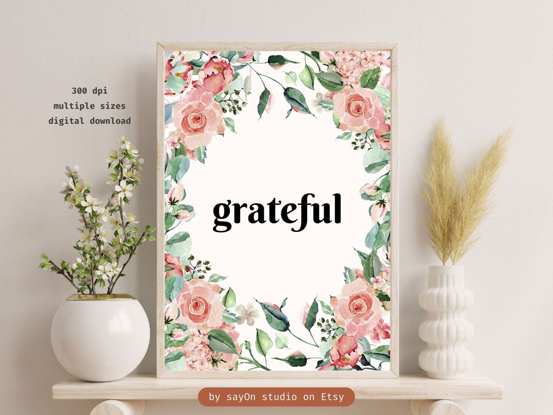 Grateful Watercolor Floral Wreath Pink Roses Botanical Wall Print