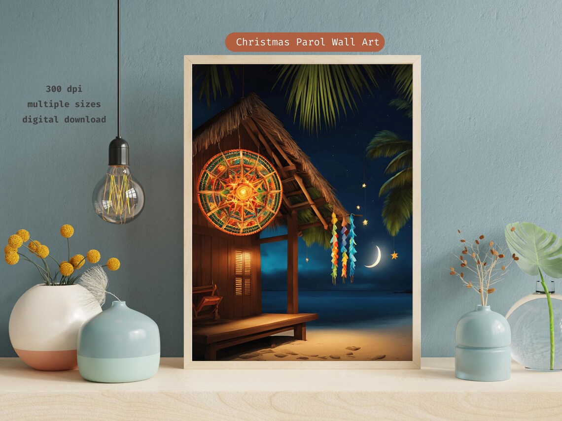 Filipino Parol Moonlit Beach Hut Tropical Night Scene Wall Art Poster - Image 2