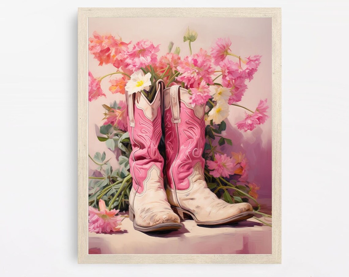 Pink And Cream Cowboy Boots With Soft Pink Wildflowers Poster