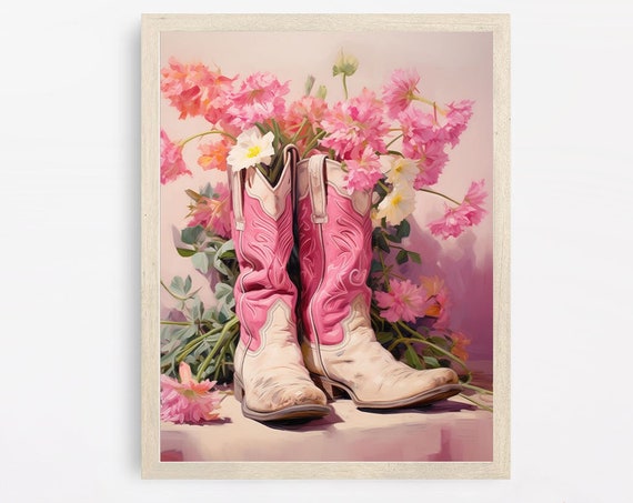 Pink Cowgirl Boots Painting Vintage Style Hot Pink Western Trendy Preppy Decor Dorm Room Wall Art Boho Girly Wall Art