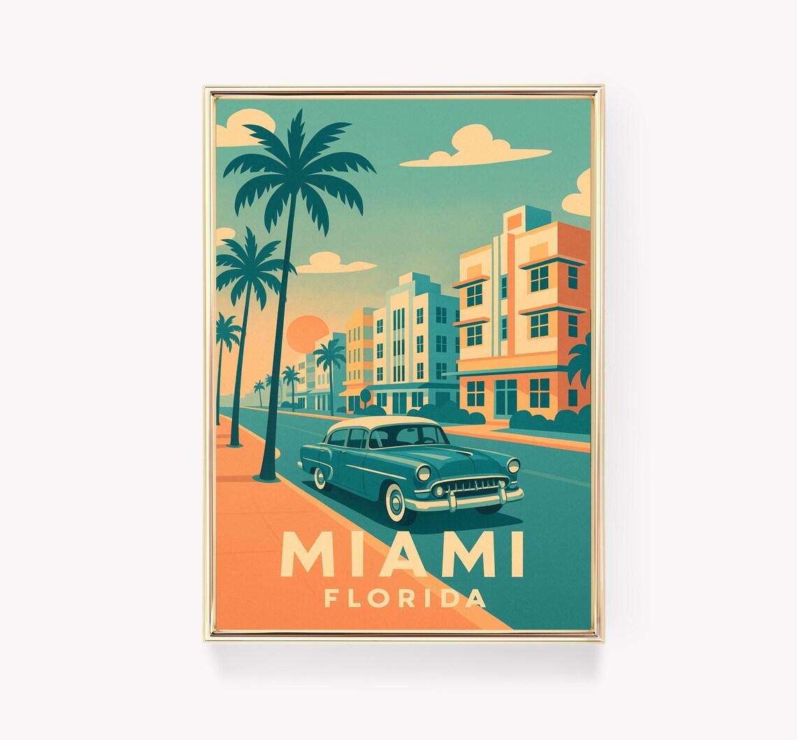 Miami Florida Art Deco Retro Classic Car Vintage Travel Poster