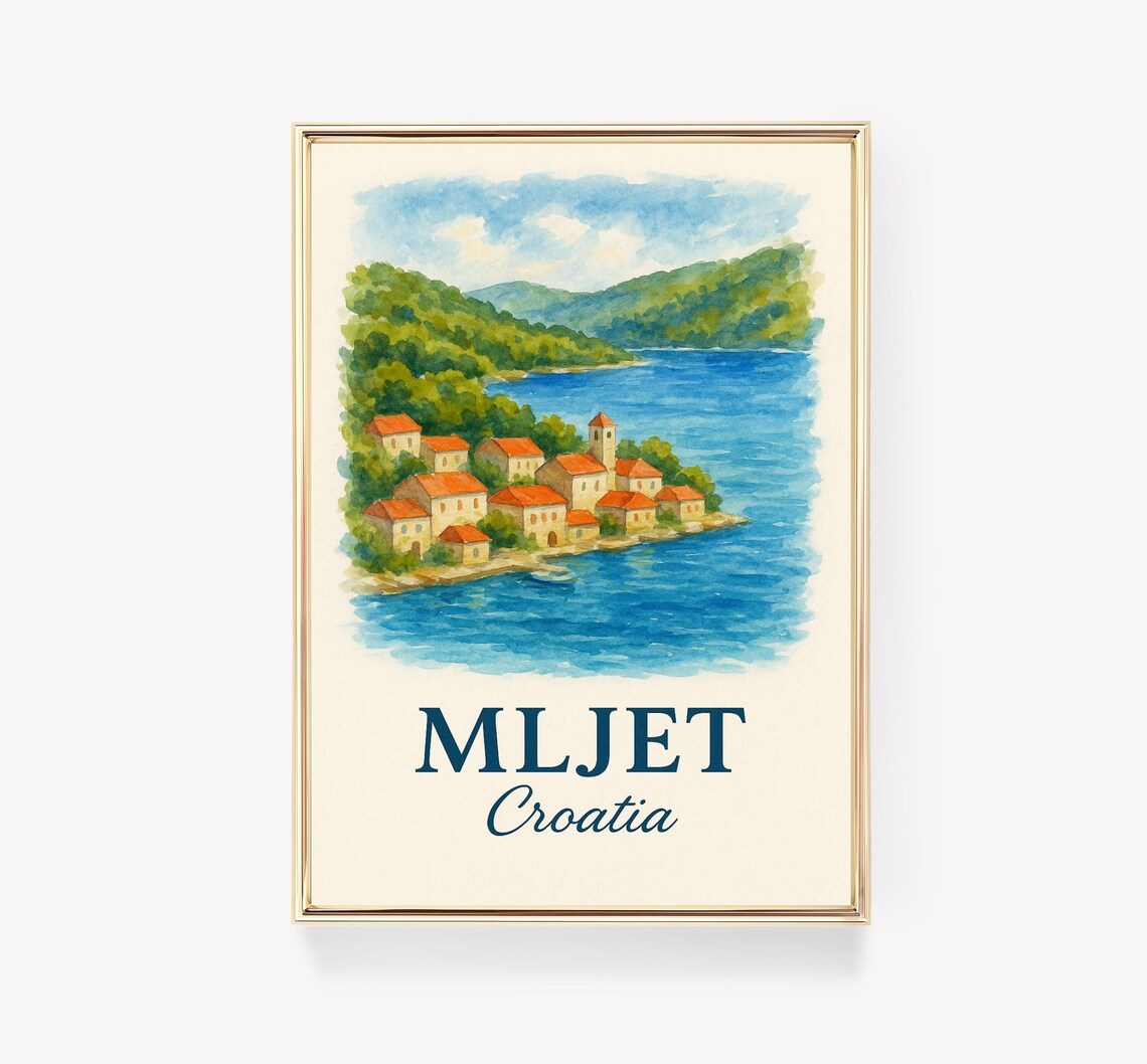 Mljet Croatia Red Roof Village Island Watercolor Travel Poster