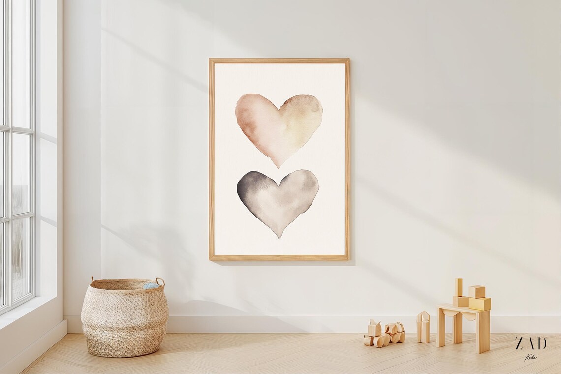 Boho Watercolor Hearts Pair Blush Gray Minimalist Nursery Poster