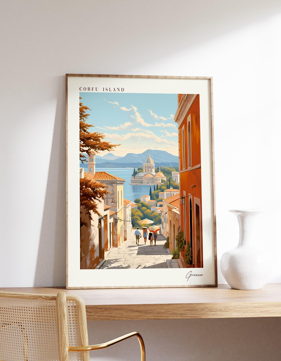 Corfu Island Greece Old Town Street Bay View Travel Poster Art