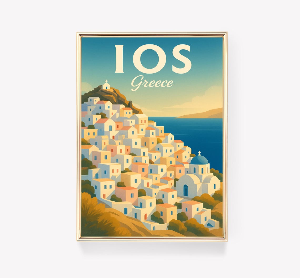 Ios Greece White Village Hillside Aegean Island Vintage Travel Poster