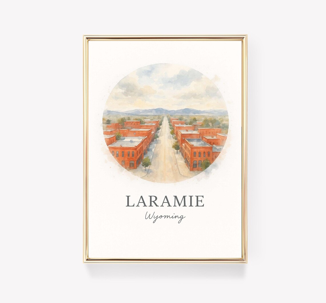 Laramie Wyoming Downtown Street Watercolor Circle Town Poster