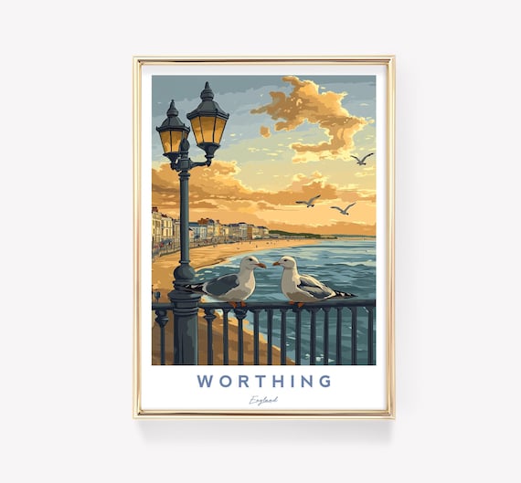 Worthing England Seagulls on Railing Beachfront Terraces Retro Travel Poster