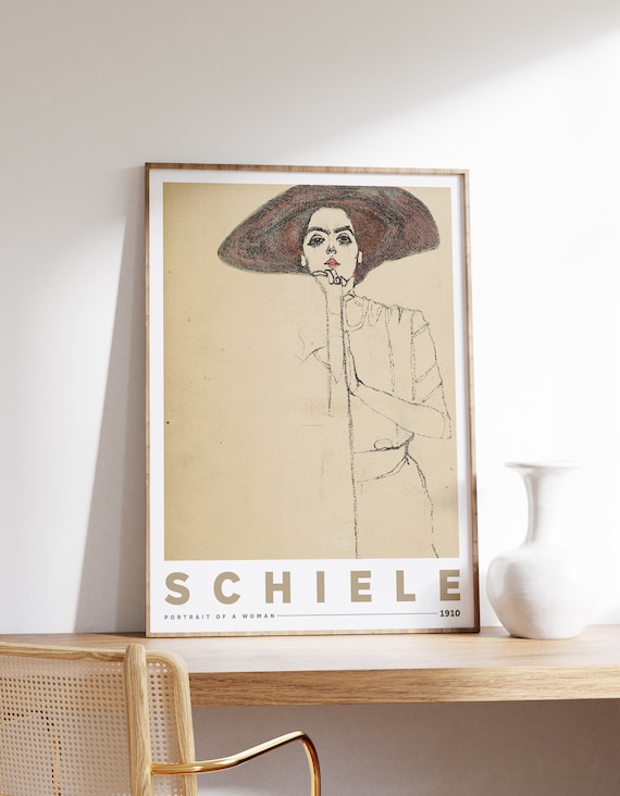 Egon Schiele Portrait Of A Woman 1910 Wide Hat Sketch Art Poster