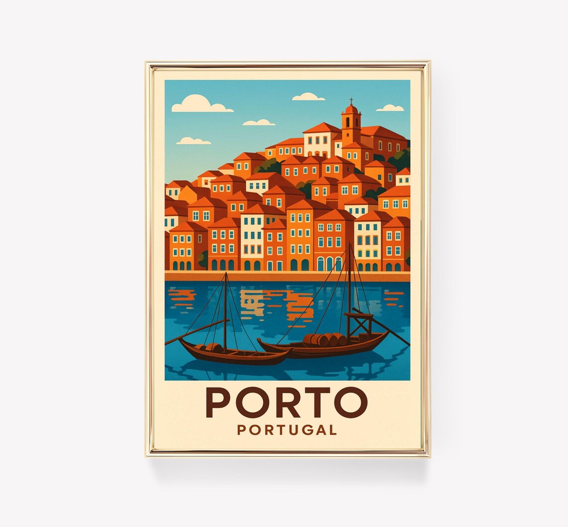Porto Portugal Travel Poster Douro Riverside Houses Rabelo Boats Art