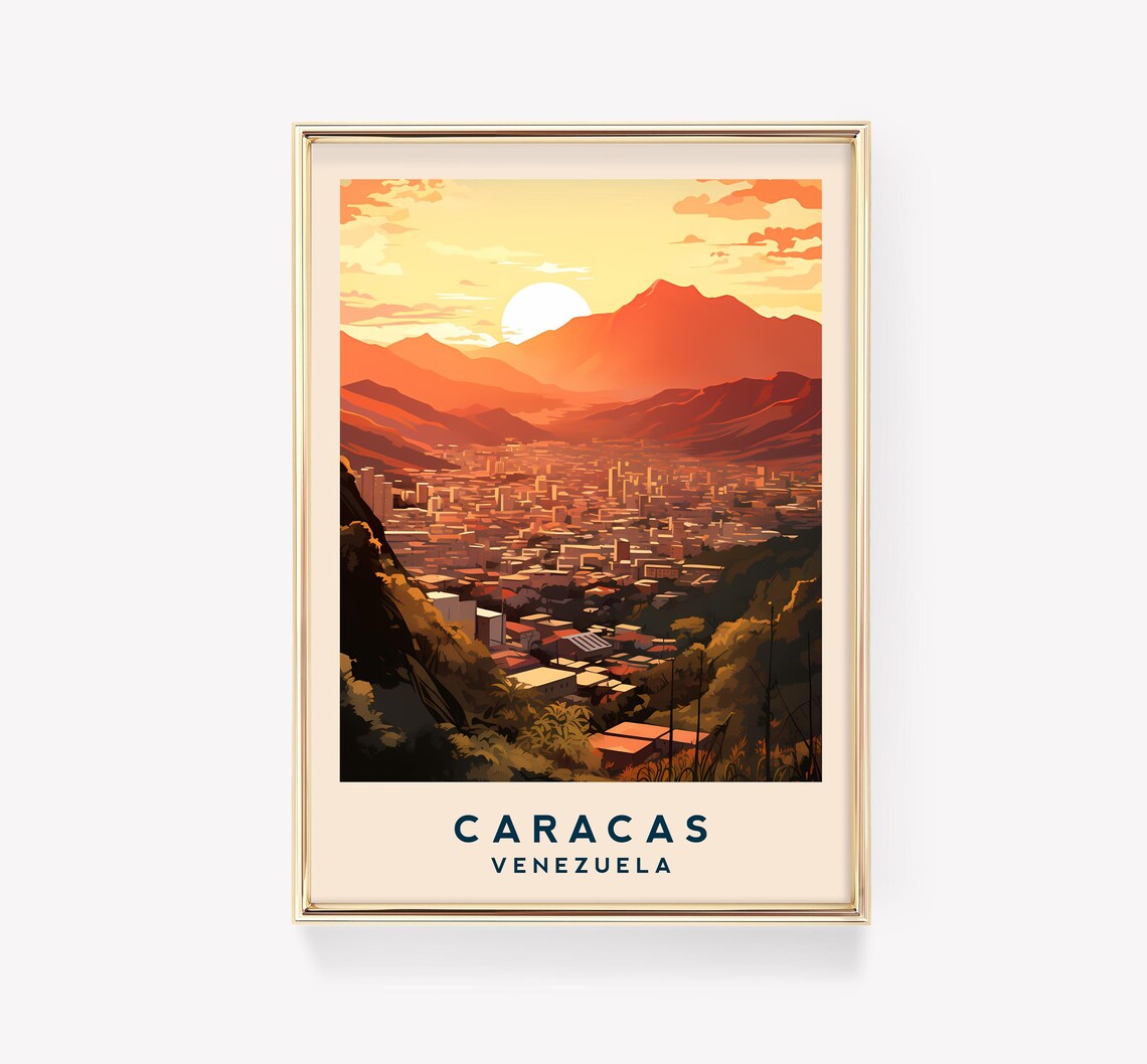 Fiery Caracas Venezuela Sunset Over Mountain City Skyline Poster