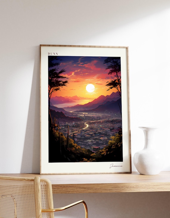 Dunn Jamaica Sunset Valley City Lights Panoramic Travel Poster