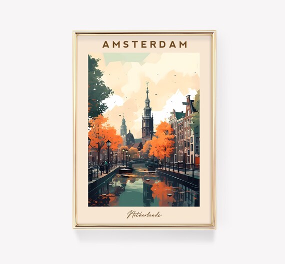 Amsterdam Autumn Canal Old Town Church Towers Netherlands Travel Poster