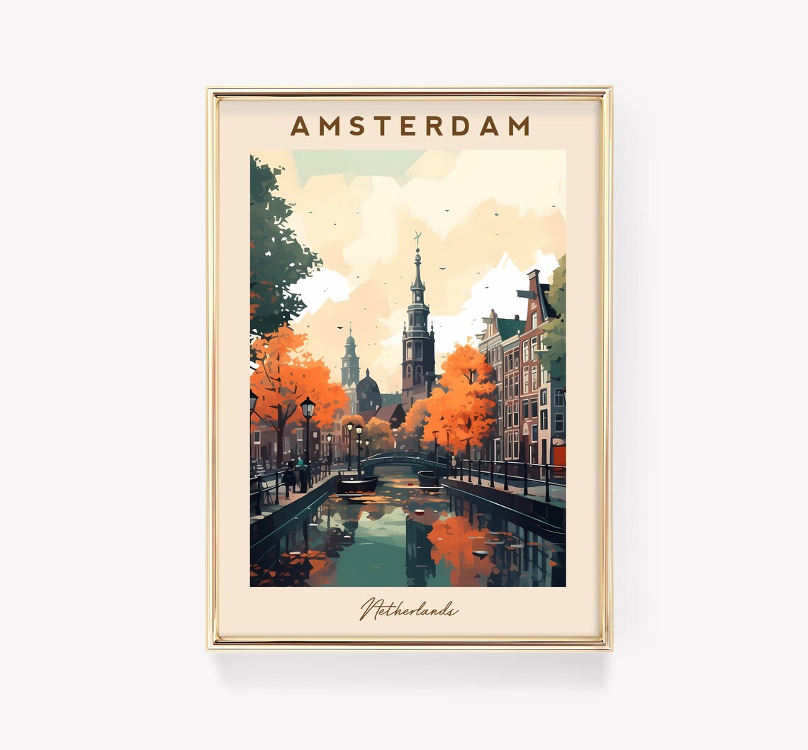 Amsterdam Autumn Canal Old Town Church Towers Netherlands Travel Poster