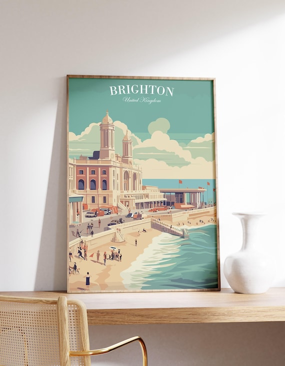 Brighton United Kingdom Seafront Pavilion Pier Beach Retro Travel Poster