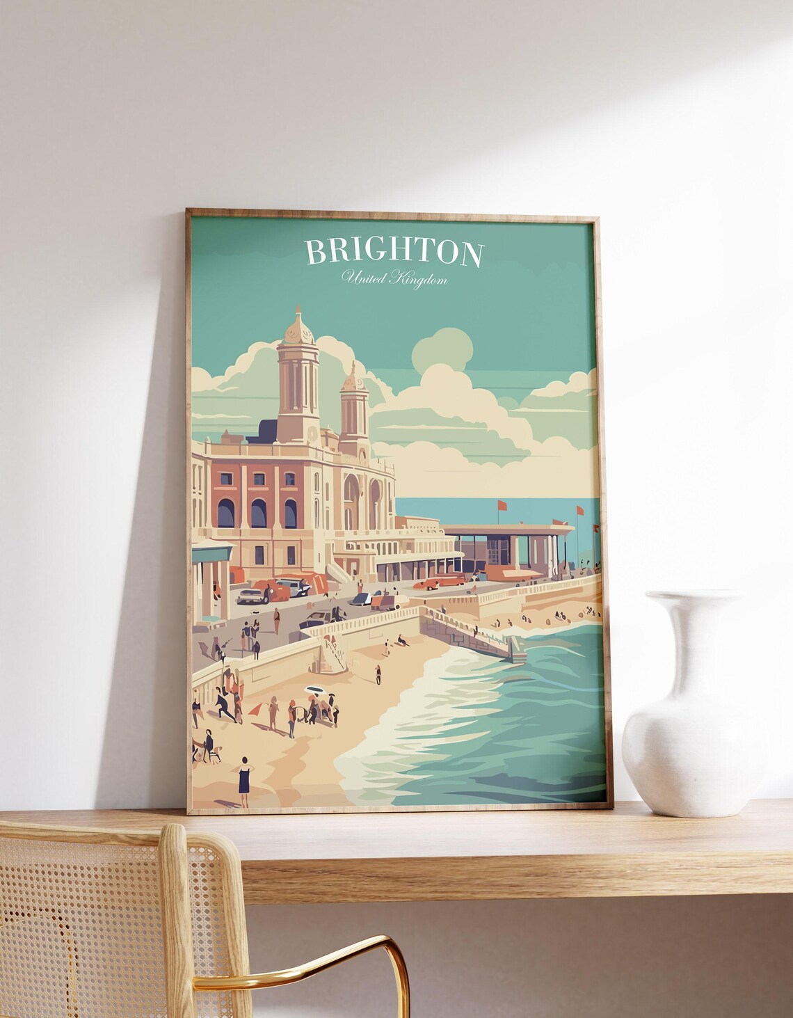 Brighton United Kingdom Seafront Pavilion Pier Beach Retro Travel Poster