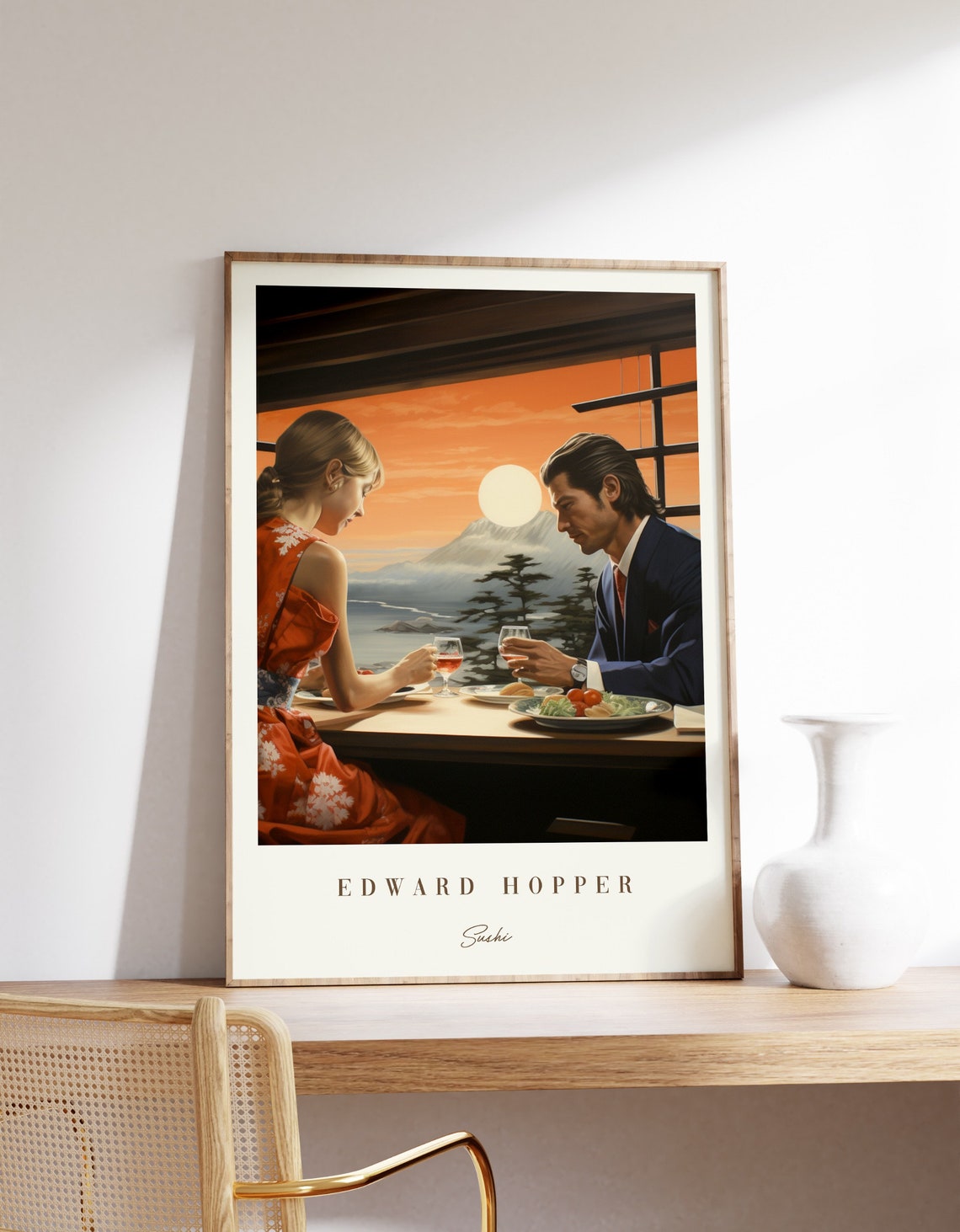 Edward Hopper Style Couple Sunset Dinner Ocean Mountain View Poster