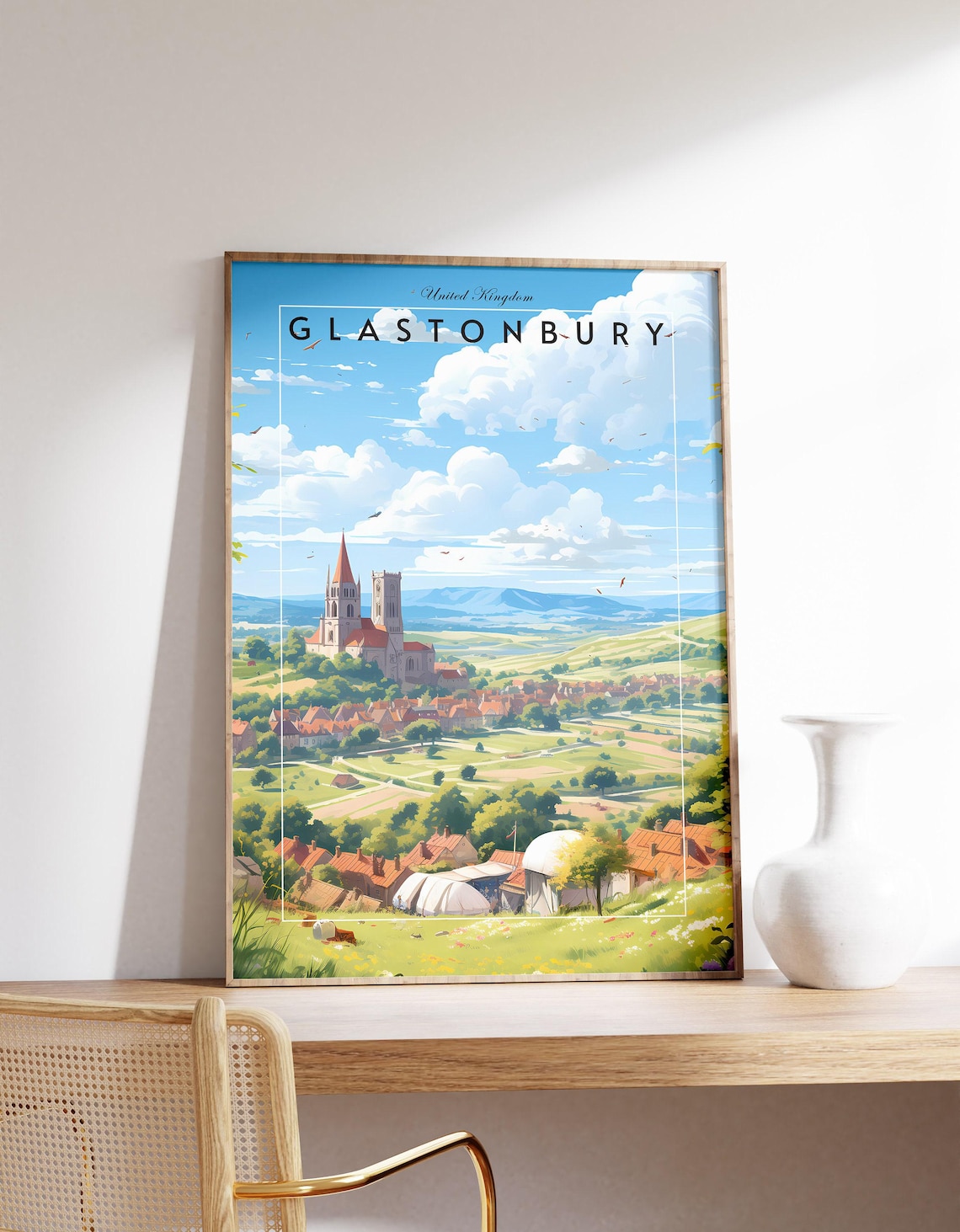 Glastonbury United Kingdom Abbey Towers Green Valley Town Travel Poster