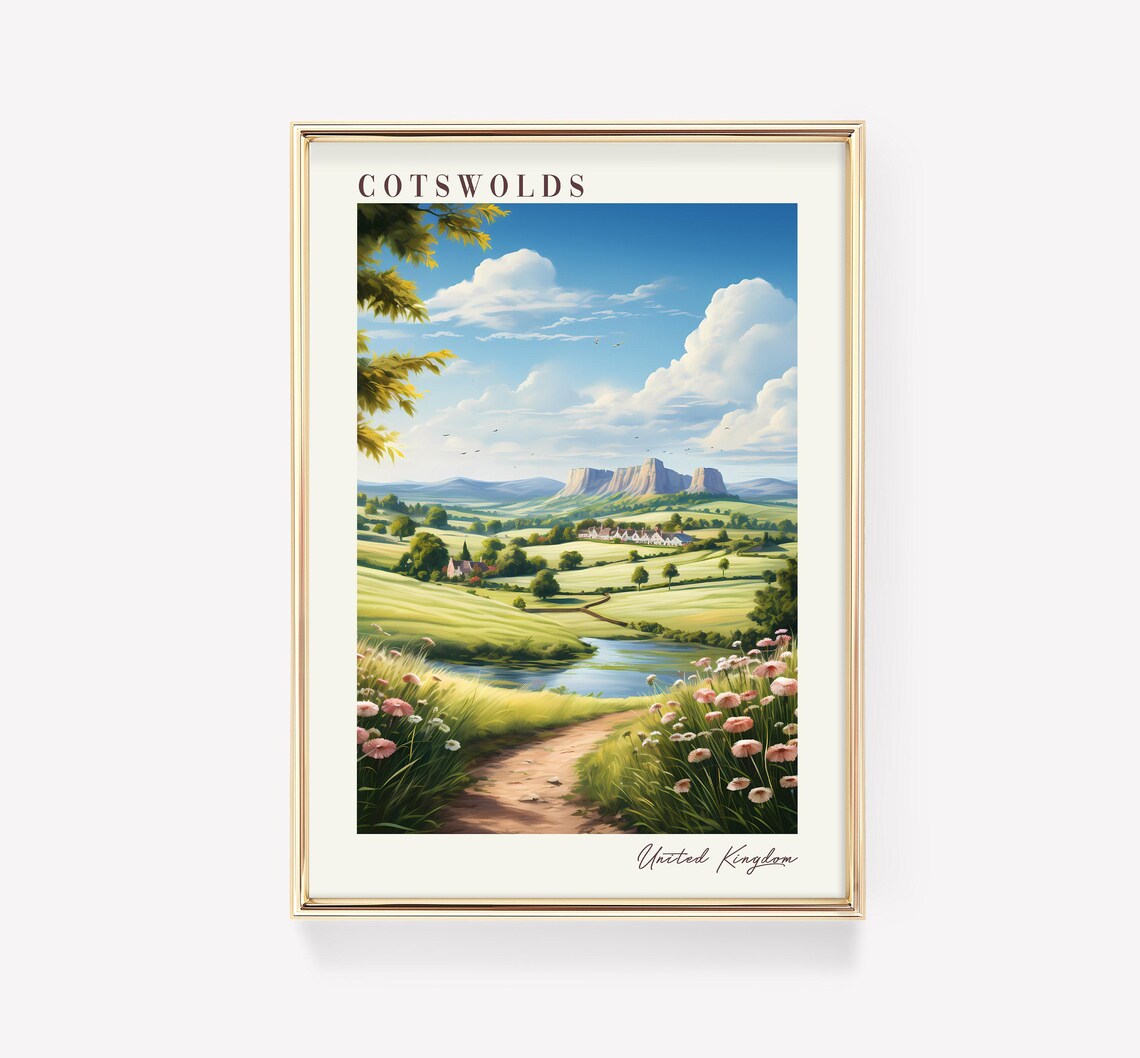 Cotswolds United Kingdom Travel Poster Rolling Hills Wildflower Artwork