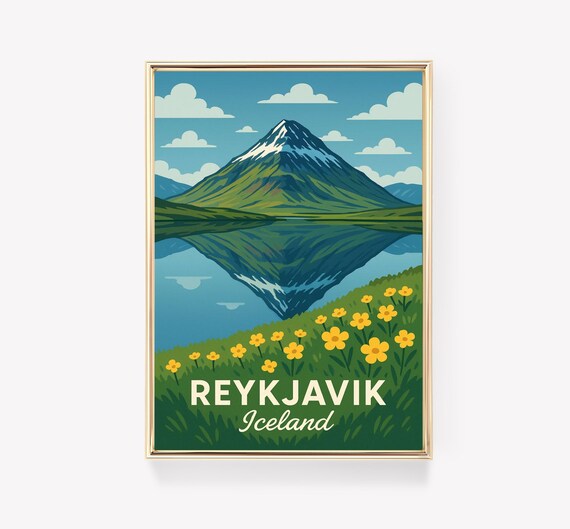 Reykjavik Iceland Mountain Lake Reflection Wildflowers Travel Poster