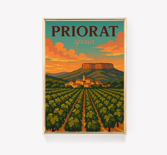 Priorat Spain Vineyard Village Sunset Vintage Wine Travel Poster