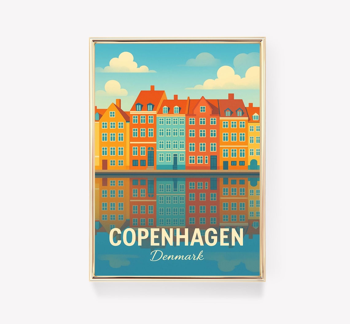 Copenhagen Denmark Vintage Travel Poster Nyhavn Canal Houses