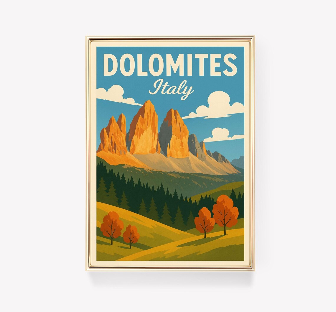 Dolomites Italy Vintage Travel Poster Alpine Peaks Autumn Scene