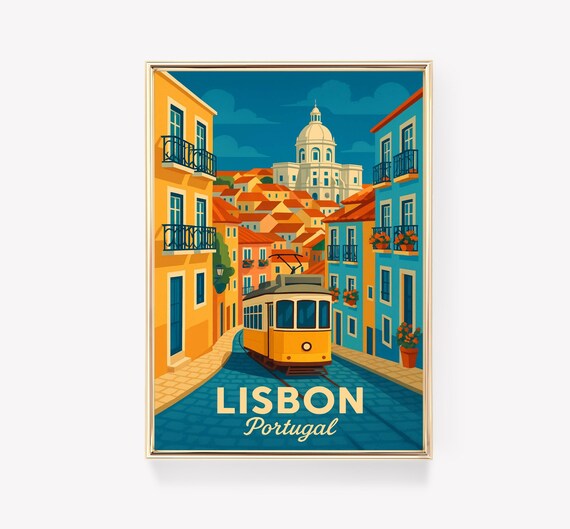 Vintage Lisbon Portugal Yellow Tram Travel Poster Illustration
