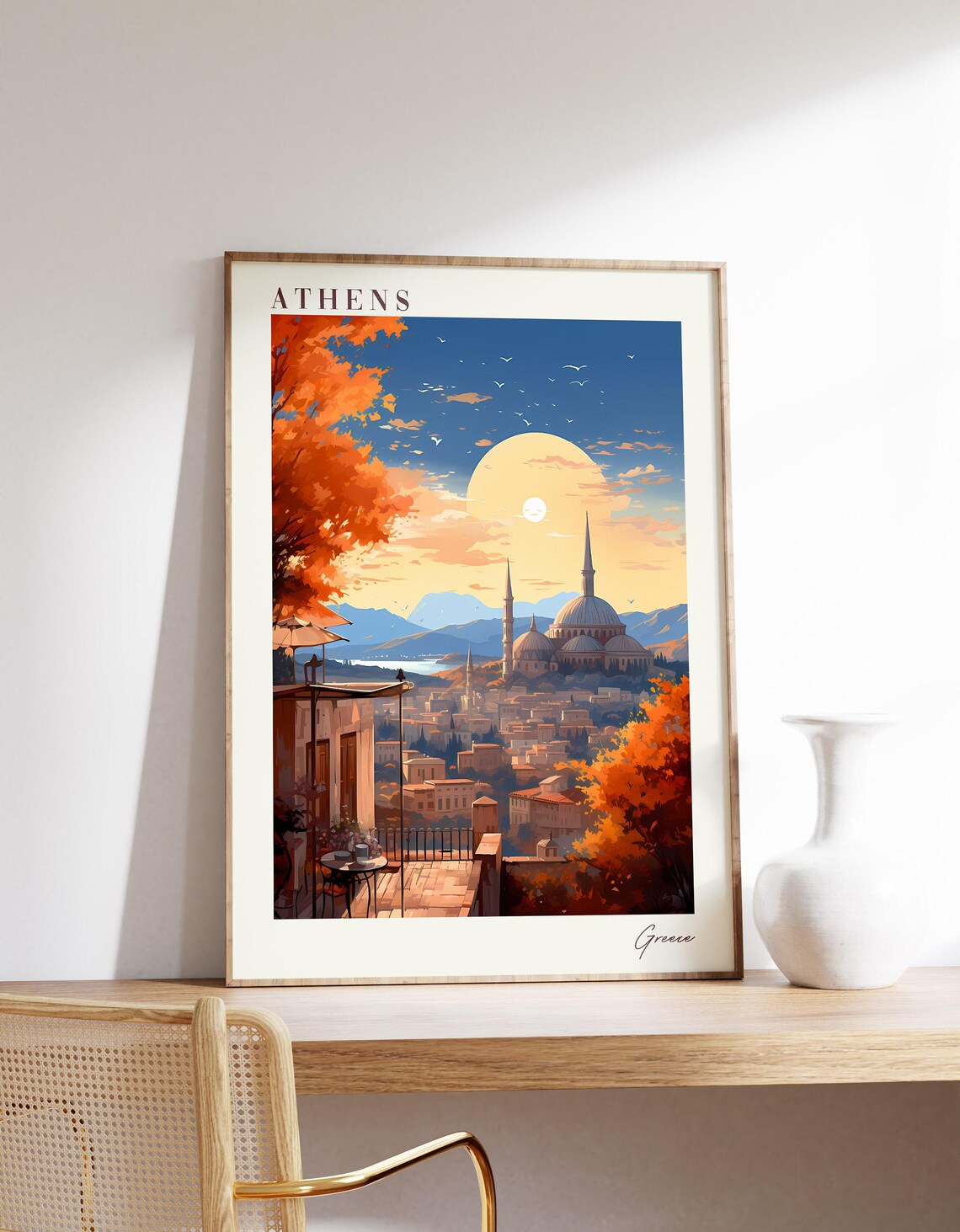 Athens Greece Sunset Cityscape Domes Harbor Vintage Travel Poster