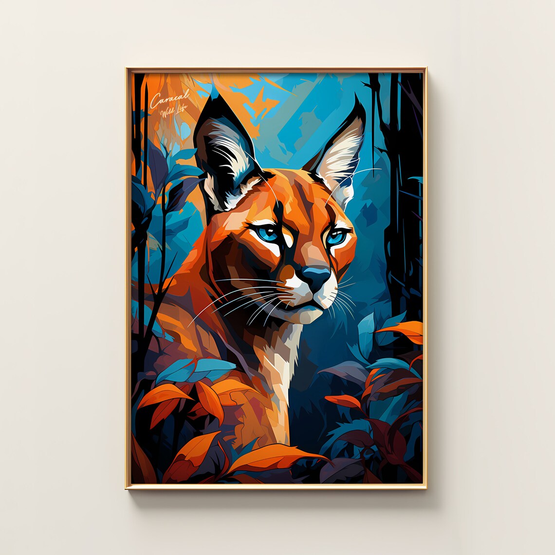 Caracal Wild Life Blue Orange Colorful Jungle Portrait Poster