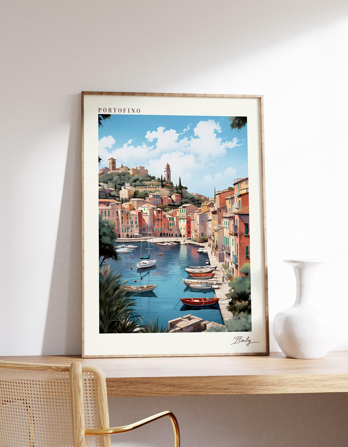 Portofino Italy Harbor Colorful Houses Sailing Boats Travel Poster